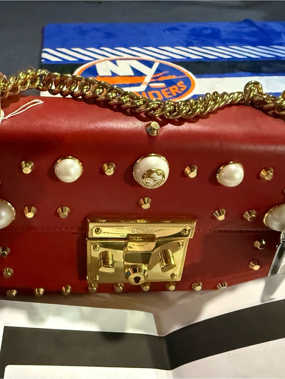 Red Studded Pearl Crossbody Bag with Gold Hardware